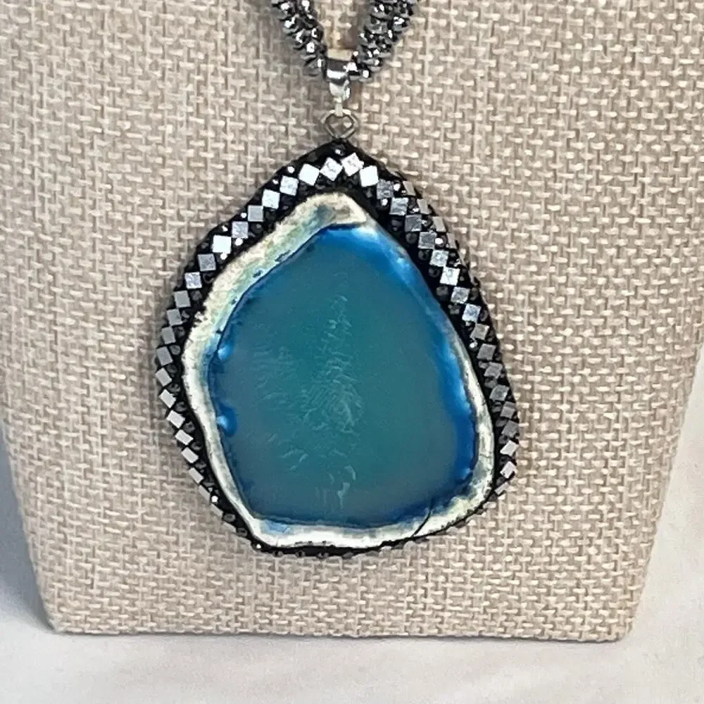 Vintage Sterling Silver 925 Blue Aqua Agate Slice Pendant Necklace 16" (#23) - Picture 2 of 16
